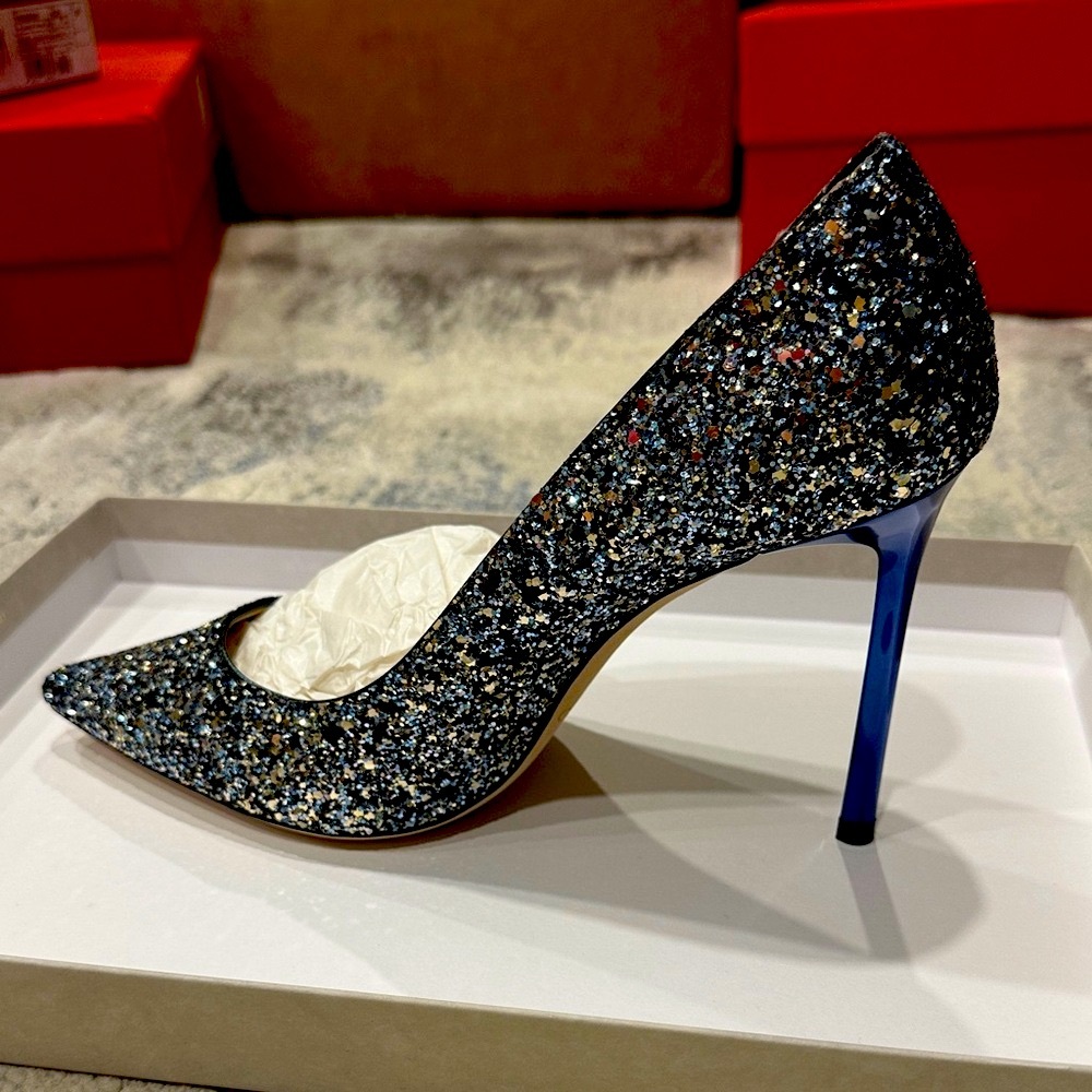 Jimmy Choo Romy 100 mm Silver Blue Glitter Heels